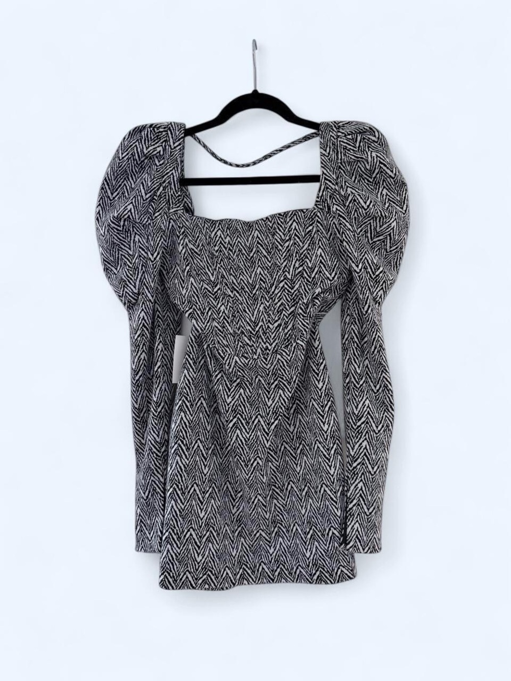 Miss Circle Denise Black White Herringbone Tweed Puff Sleeve Mini Dress S